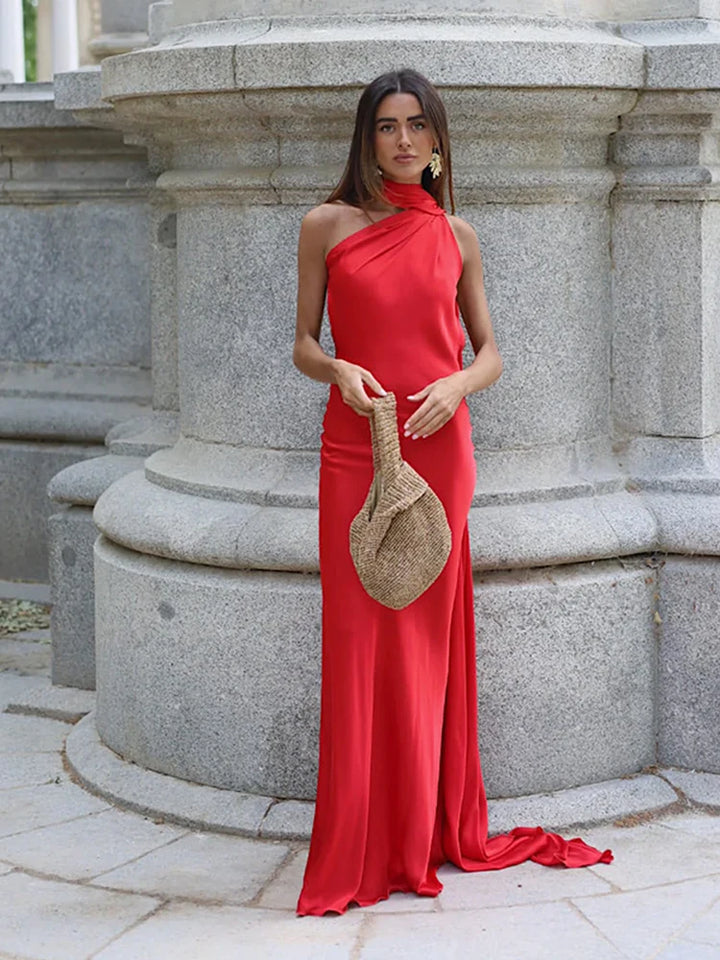 CELESTE | Vestido largo satinado con lazo