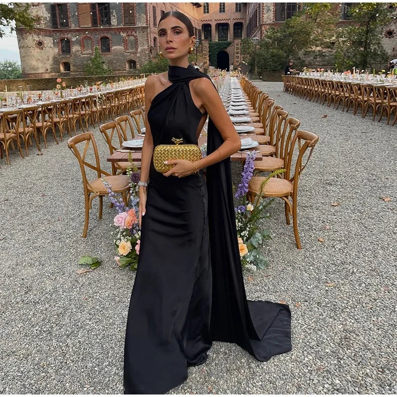 CELESTE | Vestido largo satinado con lazo