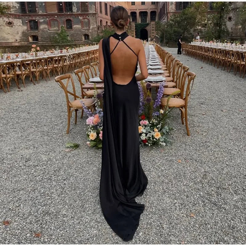 CELESTE | Vestido largo satinado con lazo